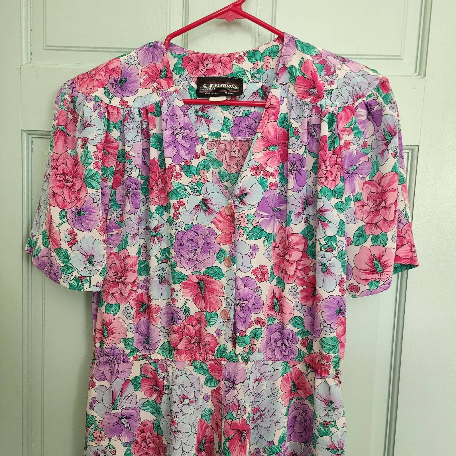 Vintage Bright Floral Dress Women's Medium Purple Pink Spring Easter